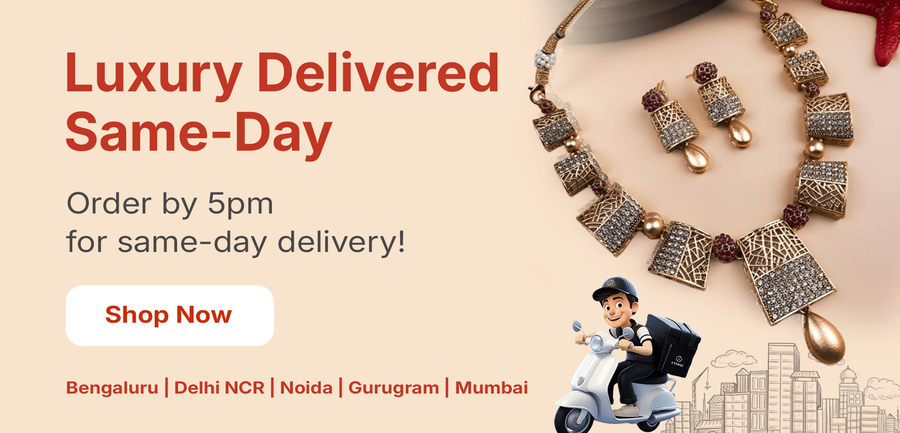 Eternz hyperlocal jewelry banner highlighting fast local delivery and nearby store availability