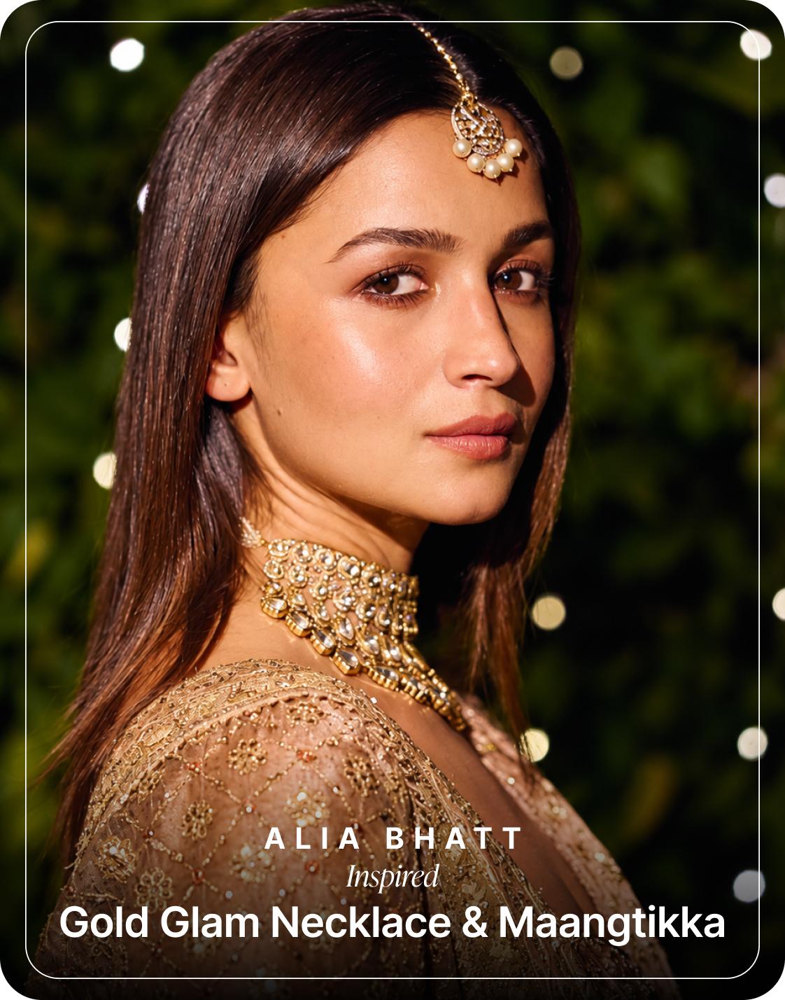 Shop Alia Bhat's Gold Glam Necklace and Maangtikka