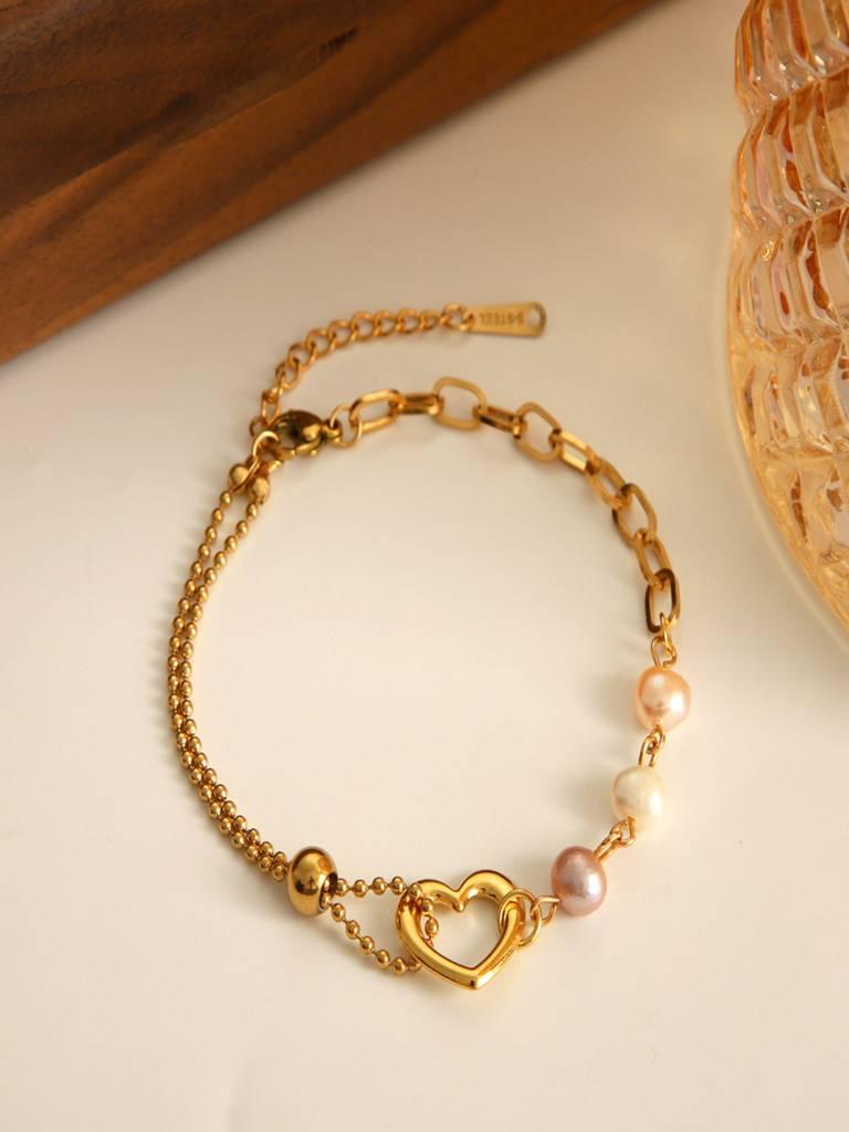 Heart Pearl Chain Bracelet 18K Gold Plated Waterproof Anti-Tarnish 