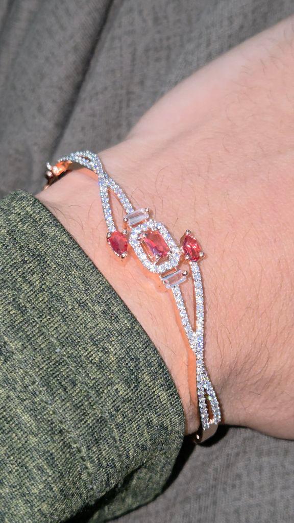 Rose Gold Plated Red Ad Studded Minimal Bangle Bracelet