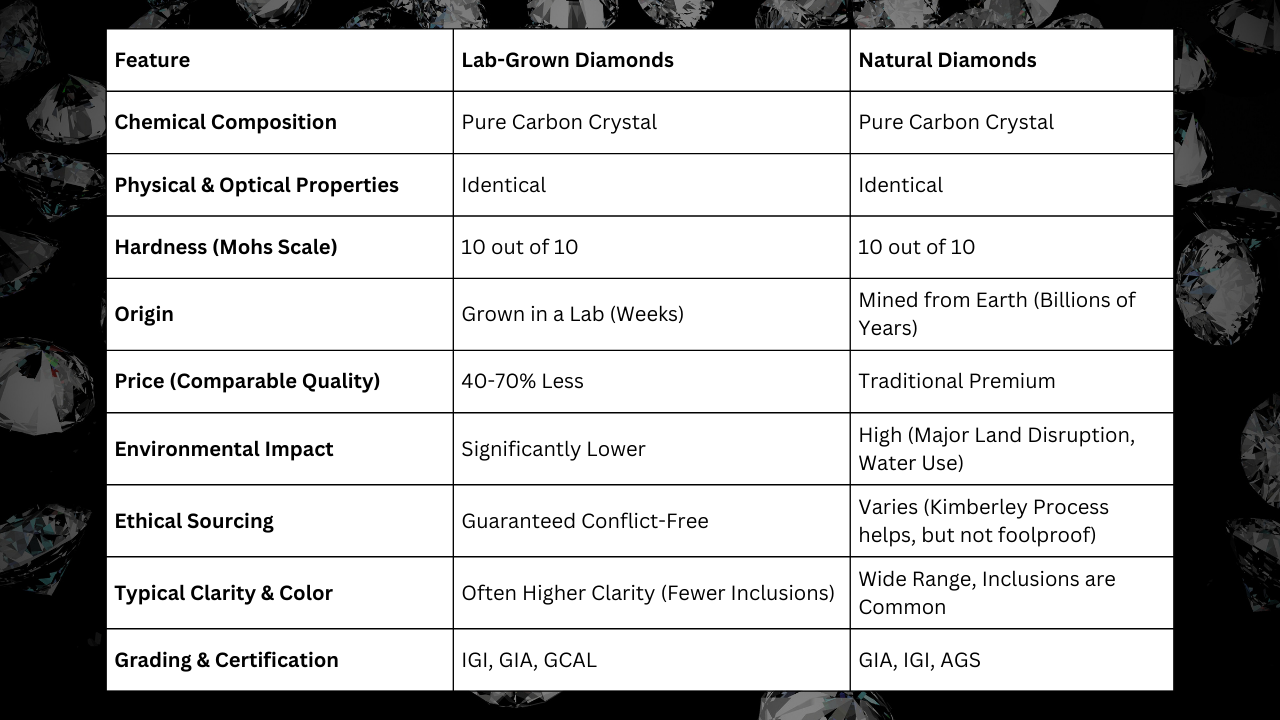 Side-by-side comparison table of lab grown and natural diamonds highlighting price savings and sustainability