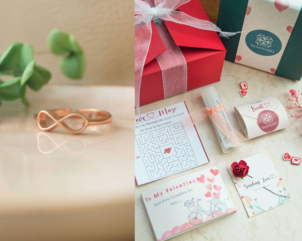 Valentine's gift hamper with jewelry and rose petals arrangement