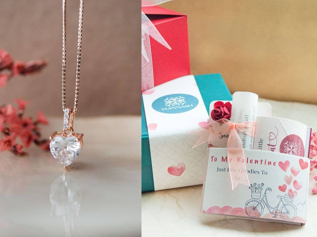Silver pendant necklace with pink gift box and wrapping paper
