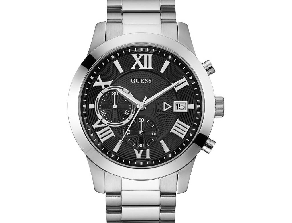 GUESS atlas chronograph watch with black dial and metal band