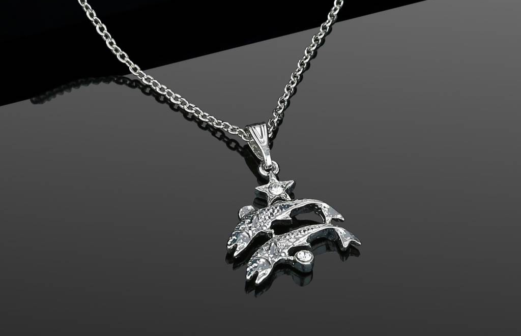 Rhodium plated Pisces zodiac sign designer pendant with crystal embellishment