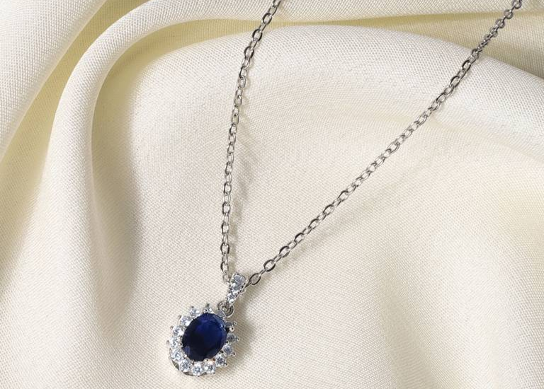 Blue sapphire cubic zirconia pendant necklace with sterling silver chain