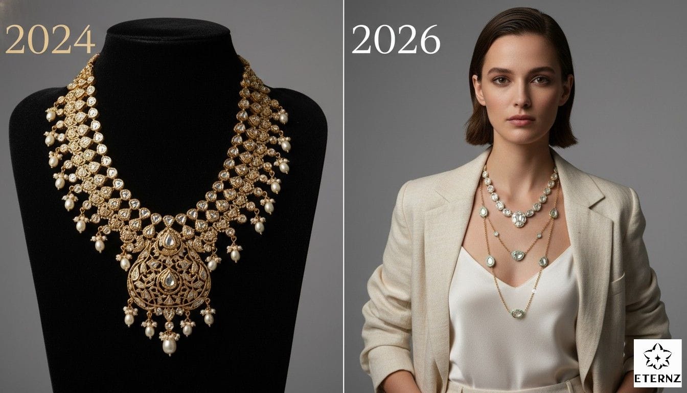 Jewelry trend comparison of a heavy gold Polki necklace (2024) versus a modern layered gemstone necklace on a blazer (2026).