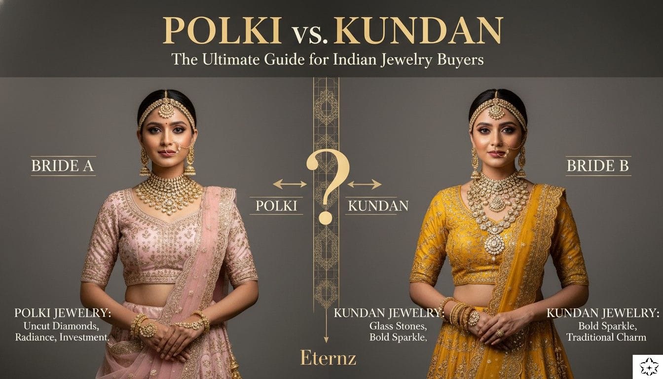 Side-by-side bridal jewelry comparison from Eternz: Bride A wearing a pastel pink lehenga with a Polki set versus Bride B in yellow with a Kundan set.