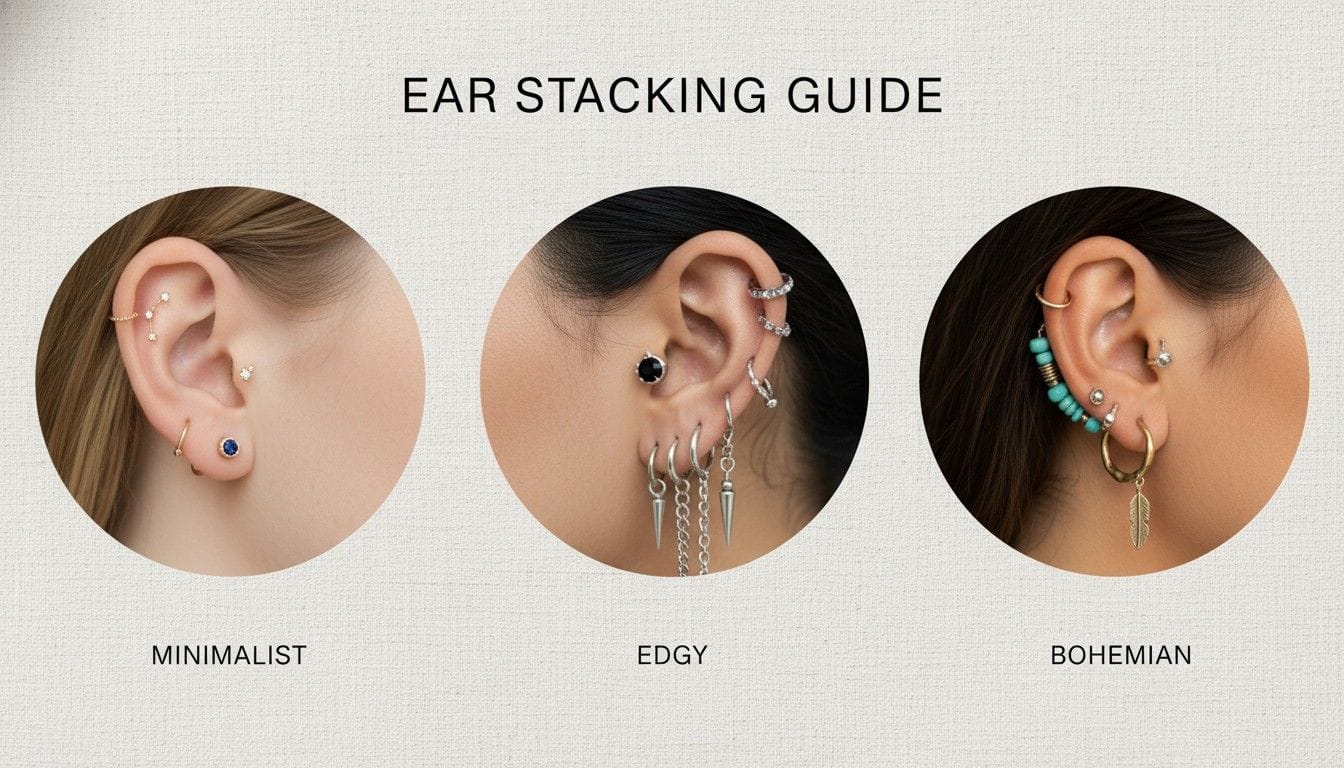 Eternz visual guide for different ear stacking personalities: Minimalist, Edgy, and Bohemian Statement.