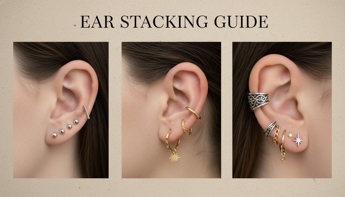 Ear Stacking Guide by Eternz displaying three curated styles: minimalist studs, gold hoop layers, and bold mixed-metal cuffs with star charms.