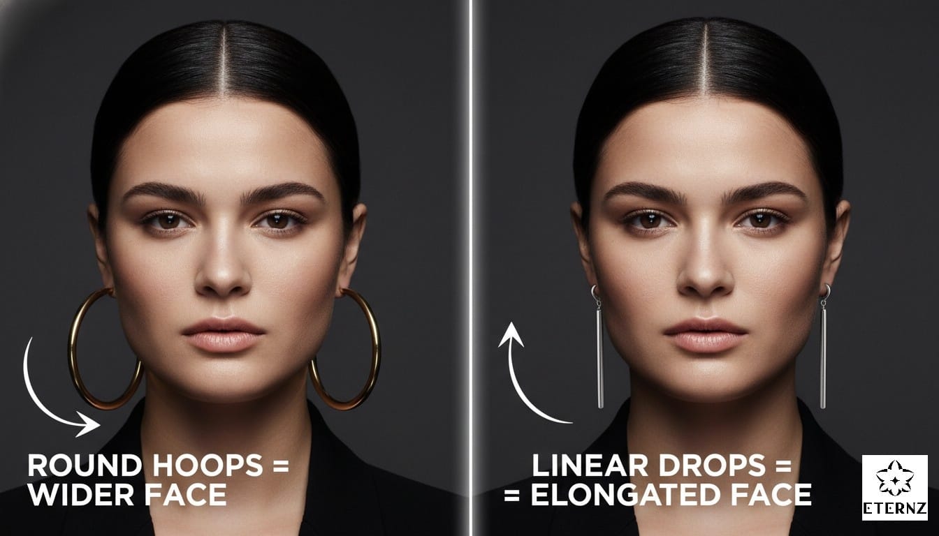 Side-by-side visual demonstrating the effect of earrings on face shape.