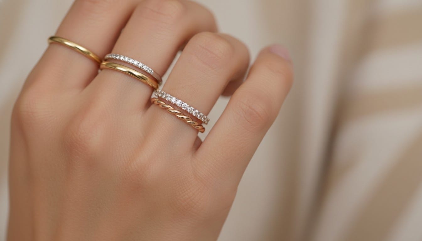 Mixed metal ring stacking inspiration by Eternz, featuring a gold square signet layered with textured silver bands.