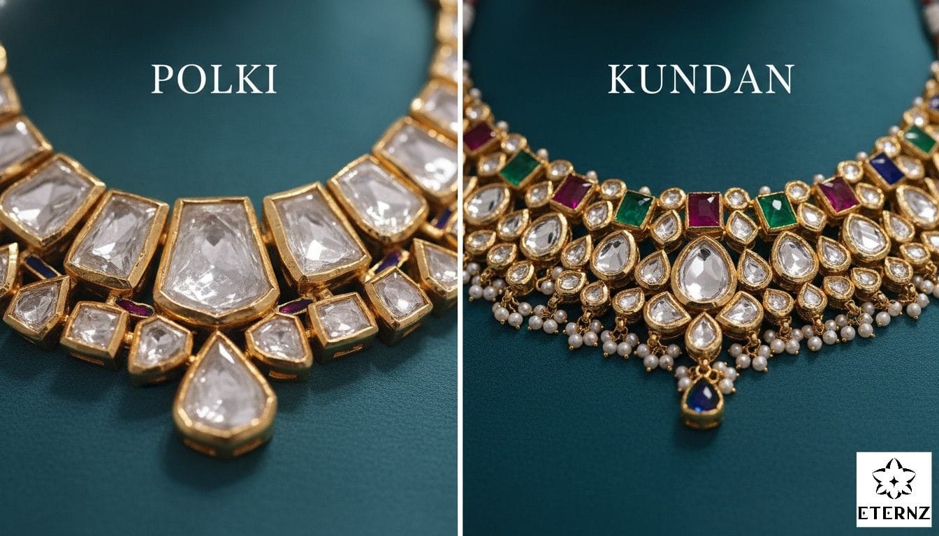 Difference between an uncut Polki necklace and a colorful Kundan necklace.
