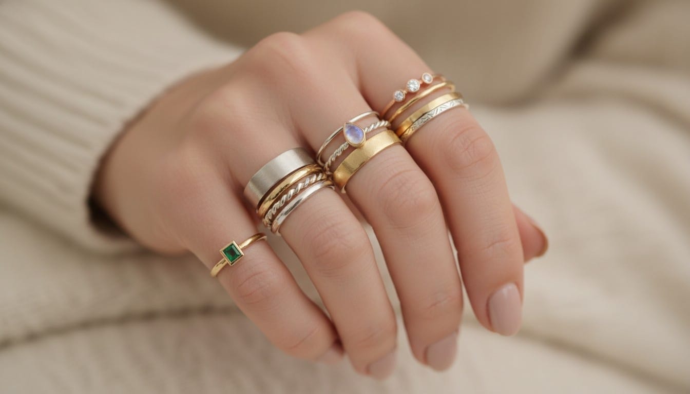 Eternz ring stacking inspiration showing how to layer gold and silver textures, mixing chunky matte bands with delicate twisted rings.