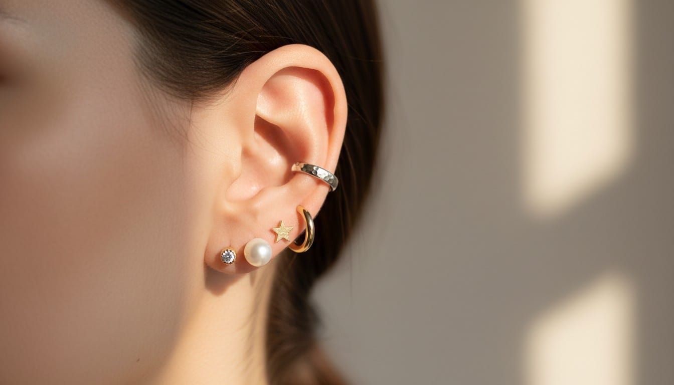 Eternz jewelry styling idea for a 'Constellation Piercing' look using mixed metal studs and cuffs.