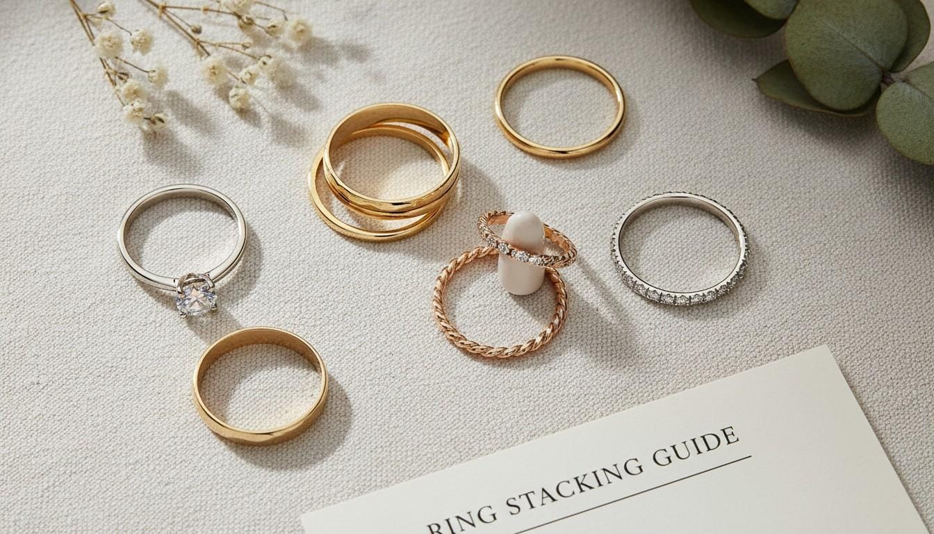 Different types of rings for stacking by Eternz, featuring thin bands, textured twisted rings, pave bands, and gemstone solitaires.