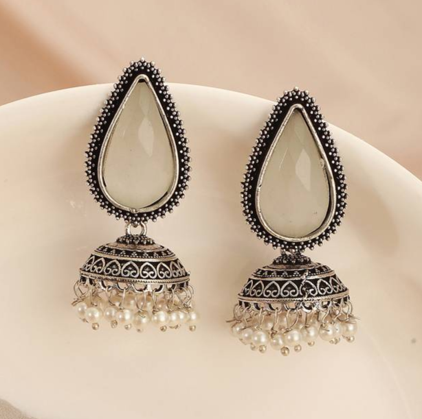 Saraf RS Oxidised Silver-Toned White Stone Handcrafted Jhumka Earrings