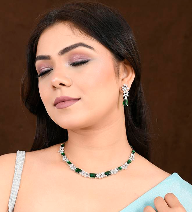 VOYLLA Sparkling Elegance Vintage Charm Green American Diamond Necklace Set 
