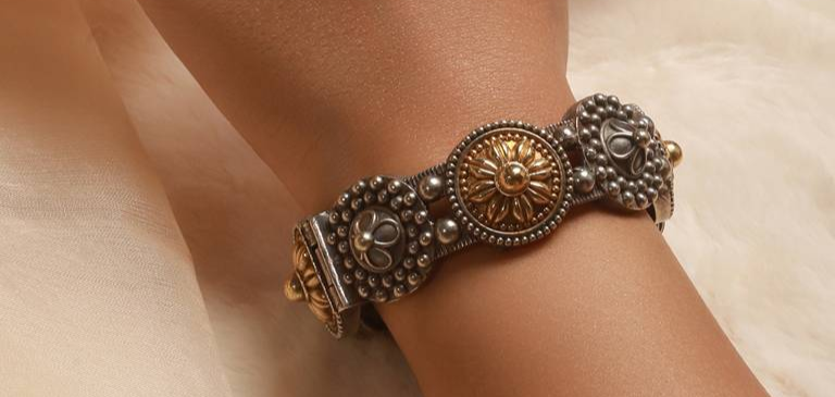 Saraf RS Jewellery Silver Oxidised Dual Toned Boho Style Adjustable Kada Bangle Bracelet