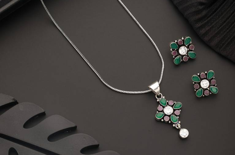 Silver Oxidised Red & Green Stones Minimal Officewear Locket Jewellery 