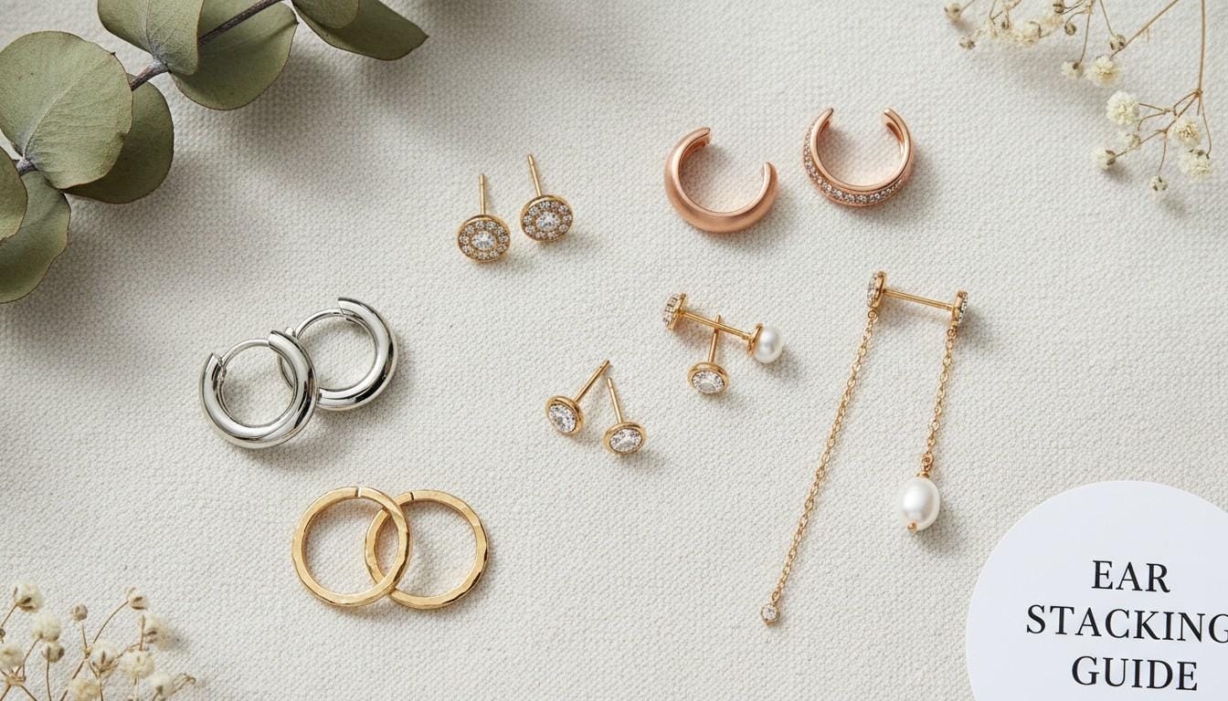 Visual guide to different types of earrings by Eternz, featuring huggie hoops, crystal studs, ear cuffs, and long pearl drop chains.