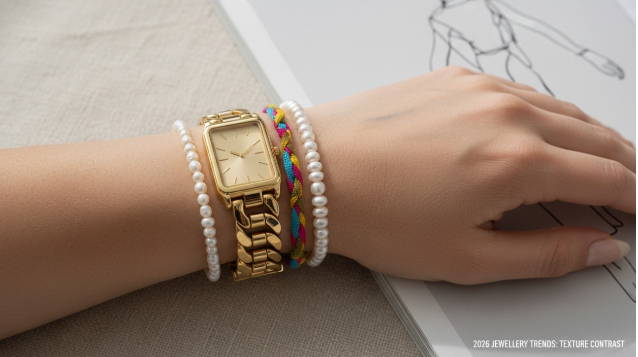 2026 Jewelry Trend 'Texture Contrast' featuring a gold link watch stacked with pearl and woven bracelets.