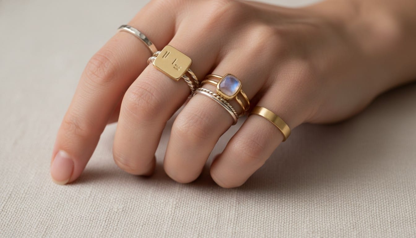 Model wearing a moonstone ring layered with minimal gold and silver bands from Eternz.