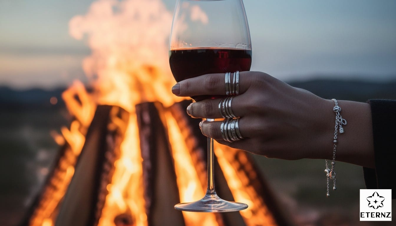 Boho jewelry styling by Eternz featuring stacked silver rings and a charm bracelet.