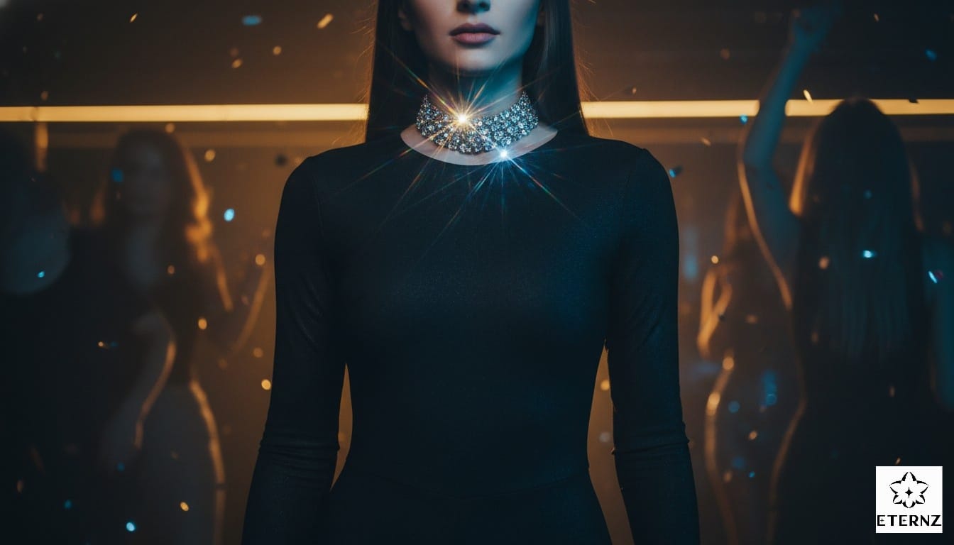 Modern choker necklace from Eternz styled for a New Year's Eve party look.