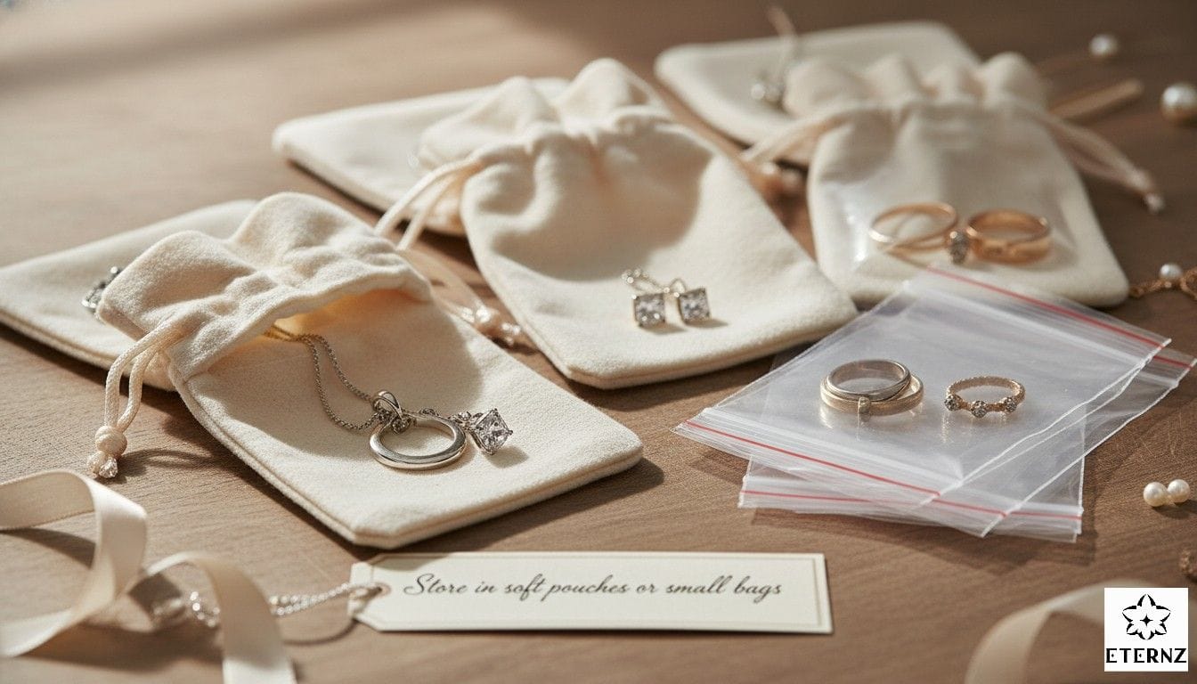 showing how to prevent tarnish using soft pouches and airtight Ziploc bags.