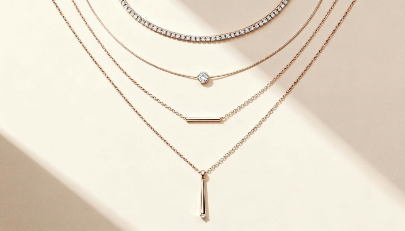 Showcasing layering of five different necklaces of varying lengths.