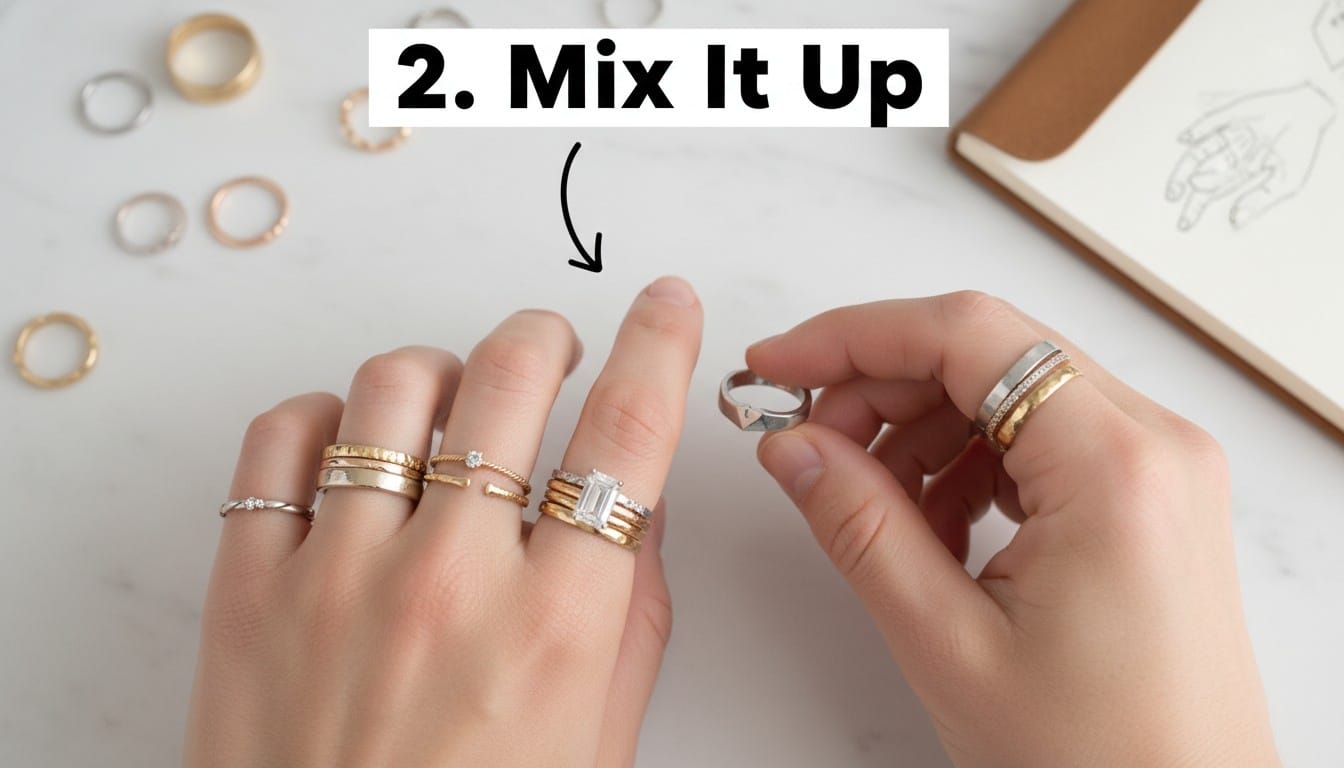 Visual guide by Eternz illustrating the 'Mix It Up' rule for ring stacking, showing how to style gold and silver bands together.