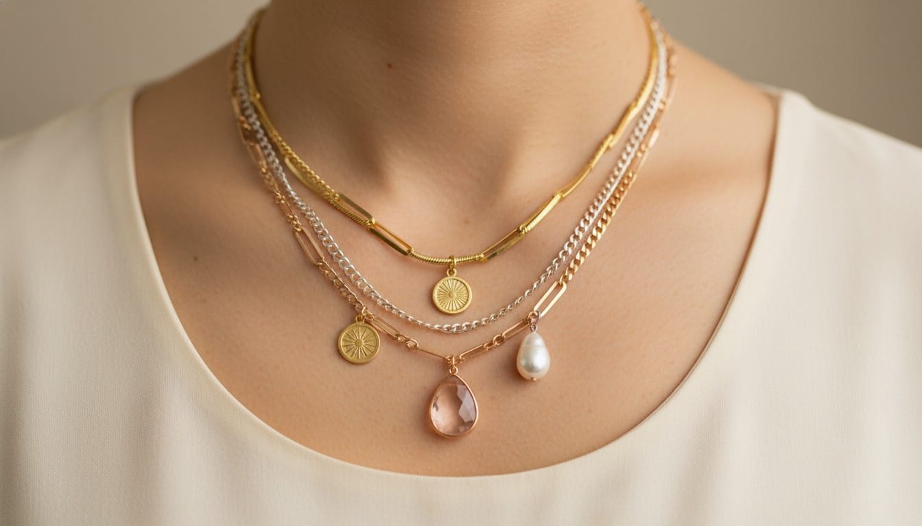 Eternz jewelry styling example demonstrating the perfect balance of gold and silver mixed metal necklaces.