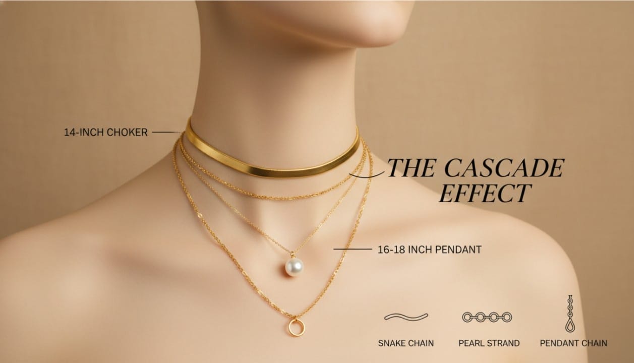 Jewelry length guide by Eternz showing the correct spacing for layering a choker and a long pendant.