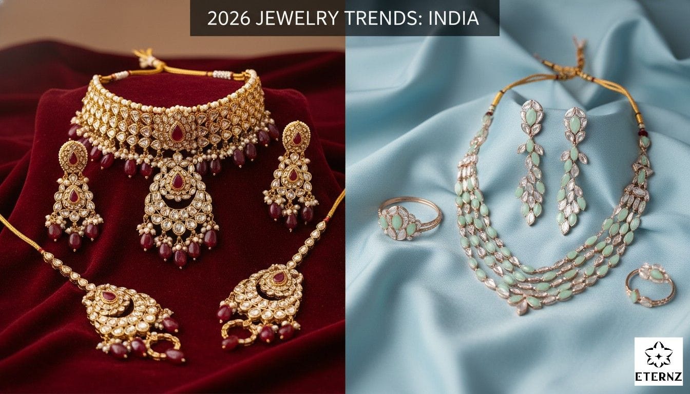 A split image showing a traditional red Kundan set on the left and a modern mint-green pastel Polki set on the right, highlighting the softer aesthetic.