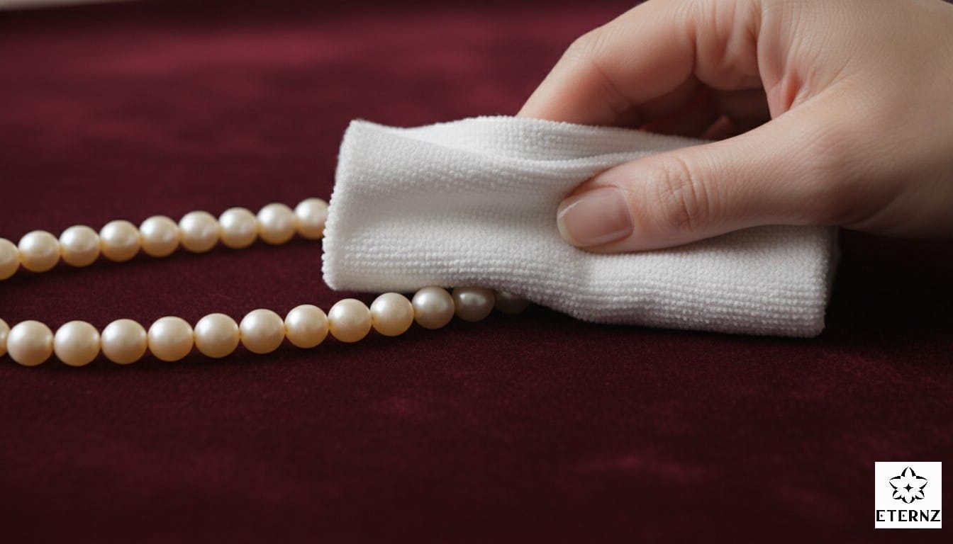 Close-up demonstrating how to clean a pearl necklace safely using a soft damp cloth, as recommended by Eternz.