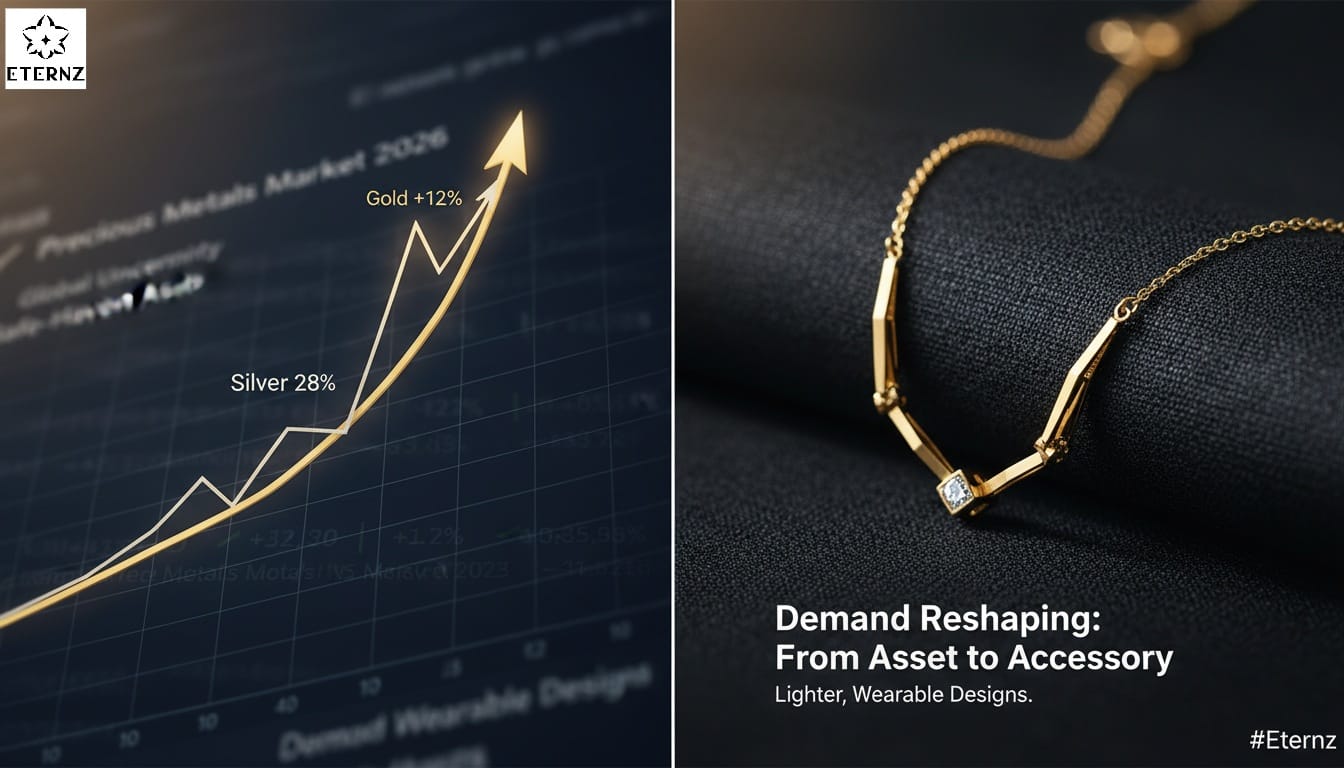 Gold and silver price rally 2026 graph with modern lightweight gold necklace, reflecting Indian jewelry market trends.
