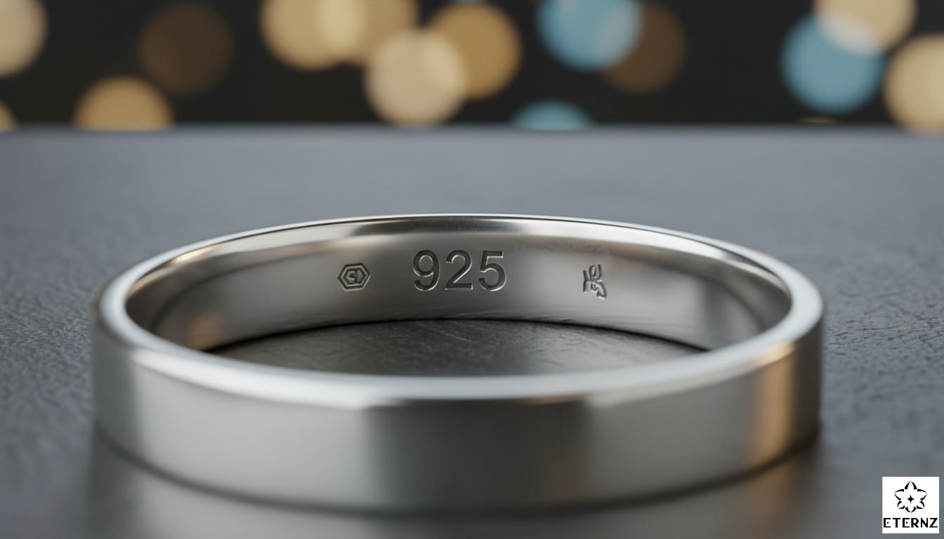 Close-up of 925 sterling silver ring hallmark stamp, authentic Indian jewelry purity mark on band, durable everyday silver accessories for women