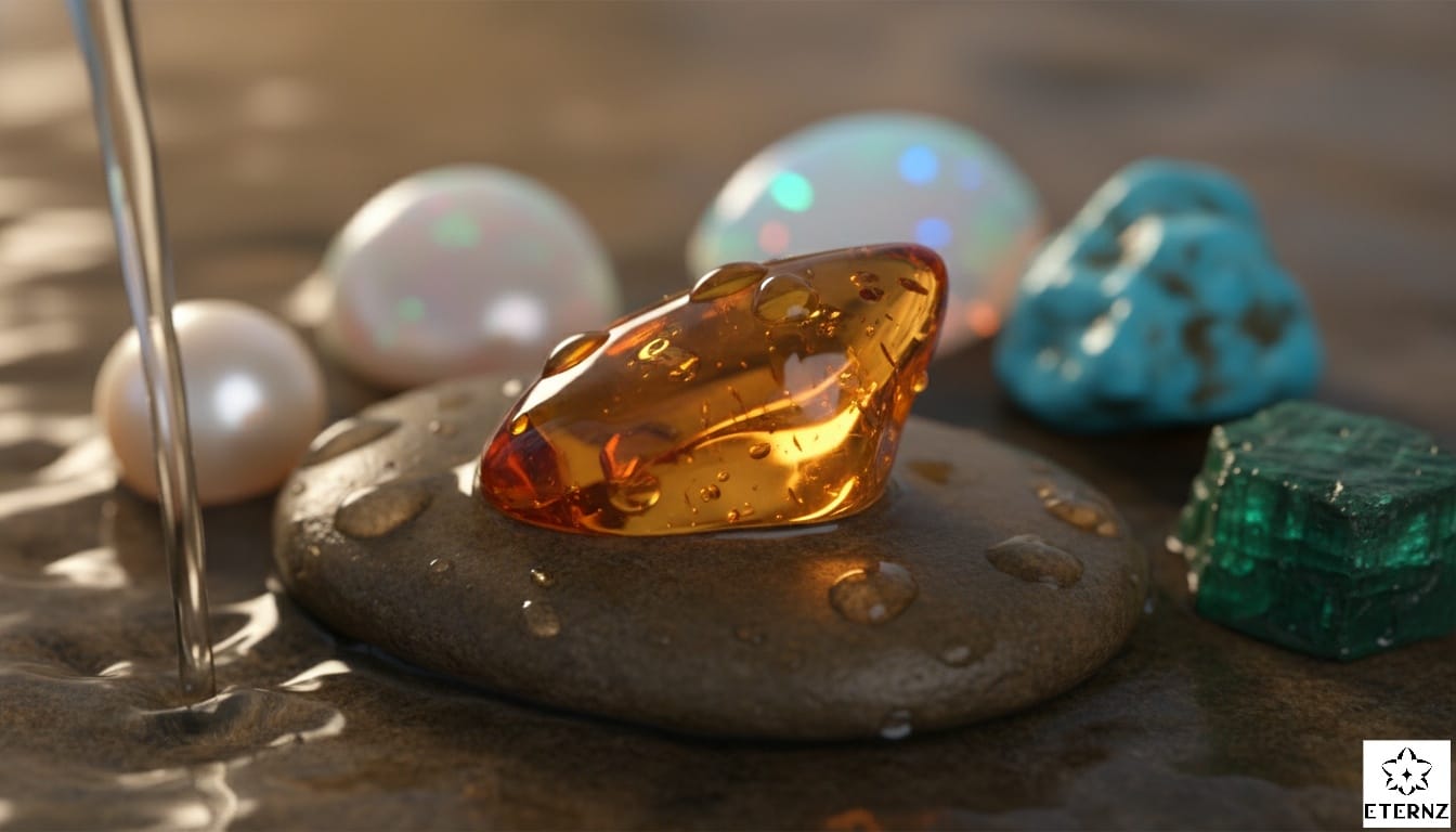 Raw amber gemstone losing its vibrant play of color due to water damage in a shower.