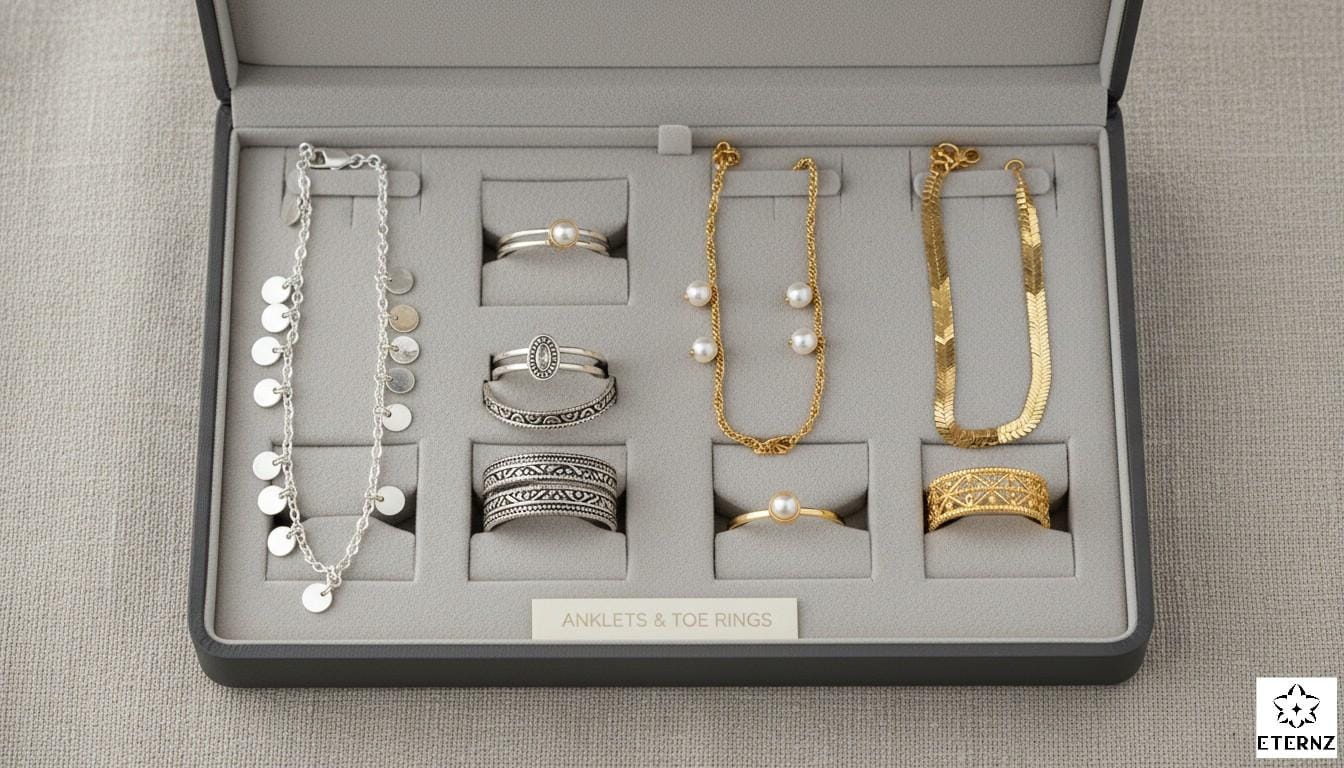 A flat-lay photo of a jewelry box. Inside are neatly arranged sets of silver and gold anklets with corresponding toe rings, showing a variety of simple and heavy options.