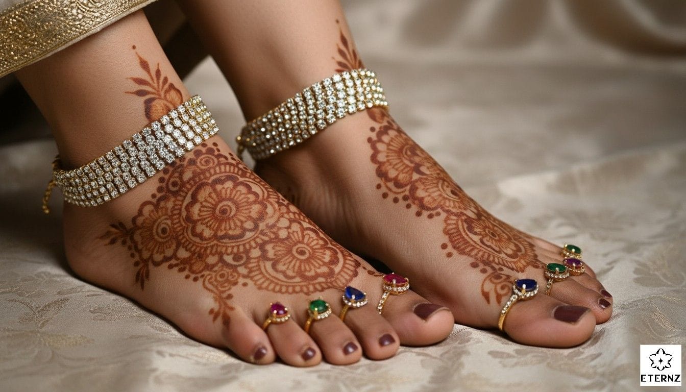 A pair of feet decorated with henna (mehndi). The feet have sparkling crystal anklets and matching toe rings with colorful stones.