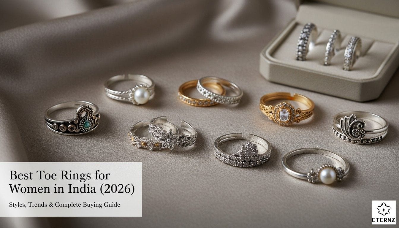 Assorted sterling silver and gold-plated toe rings collection displayed on neutral fabric with jewelry box, best toe rings for women in India 2026 styles and trends.