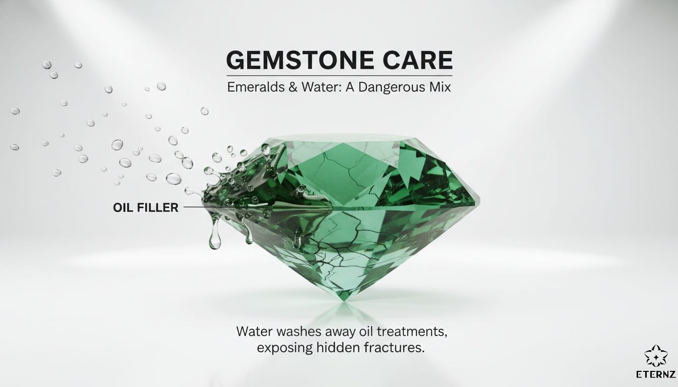 Emerald jewelry infographic showing water washing away oil filler to reveal hidden cracks in the gemstone.