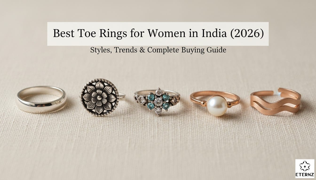 Five assorted toe rings in various 2026 trends on beige fabric: plain silver band, oxidized floral, CZ cluster, pearl rose gold, and adjustable wavy design for women in India.