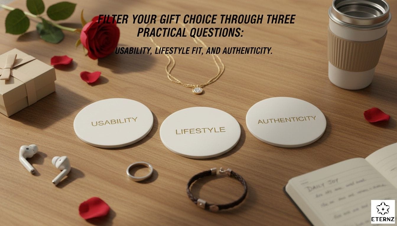 A flowchart graphic titled 'The Valentine's Decision Matrix'. Flow starts with 'Is it wearable?' -> Yes/No. If Yes -> 'Does it fit their style?' -> Yes/No. If Yes -> 'Is it within budget?' -> Yes -> 'Perfect Gift'.