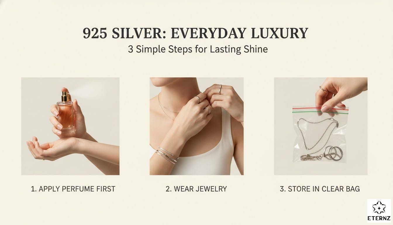 Infographic 3 simple steps lasting shine 925 sterling silver jewelry India, apply perfume first wear store clear bag, everyday care tips for women