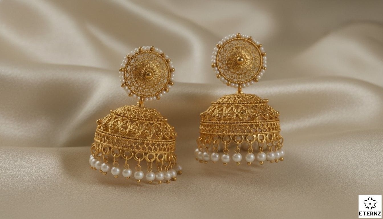 Classic Indian gold jhumka earrings with pearls and intricate filigree, timeless ethnic jewelry for women in India, festival and wedding staple.