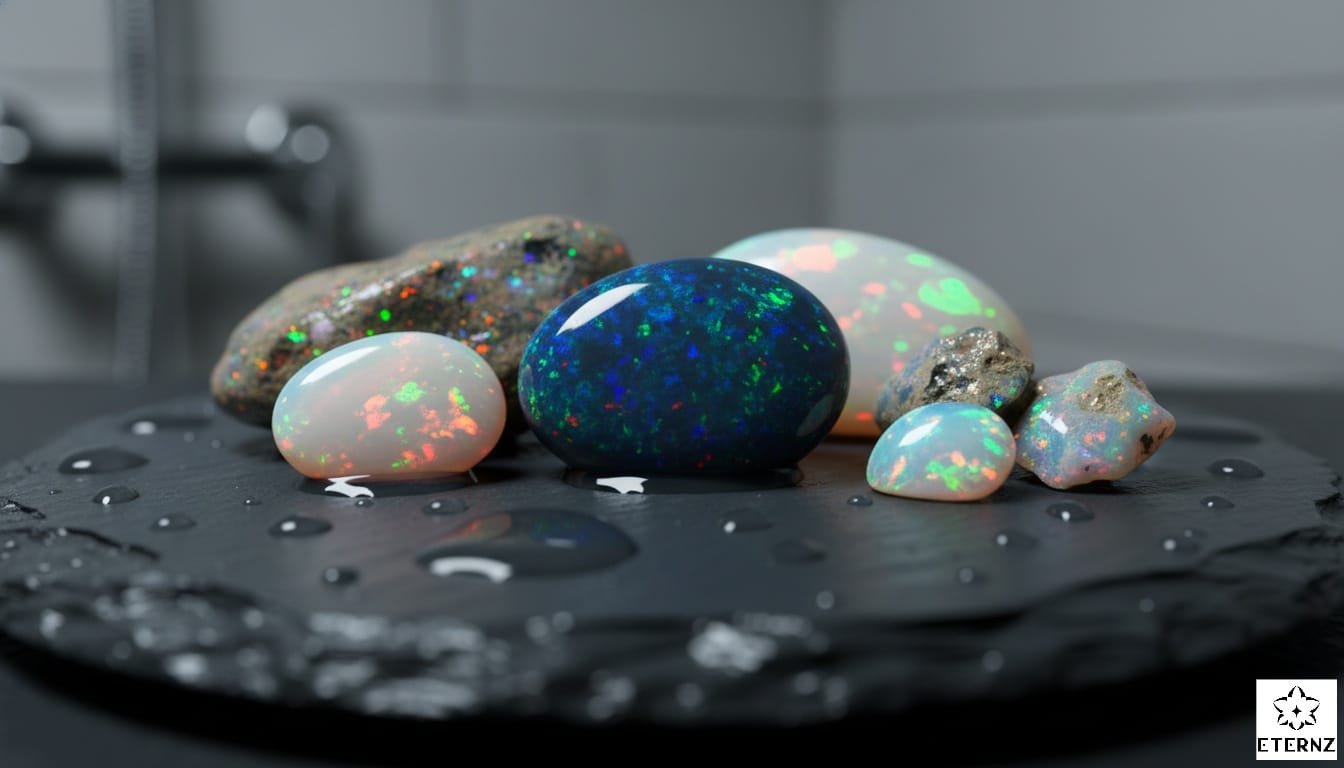 Raw opal gemstone losing its vibrant play of color due to water damage in a shower.