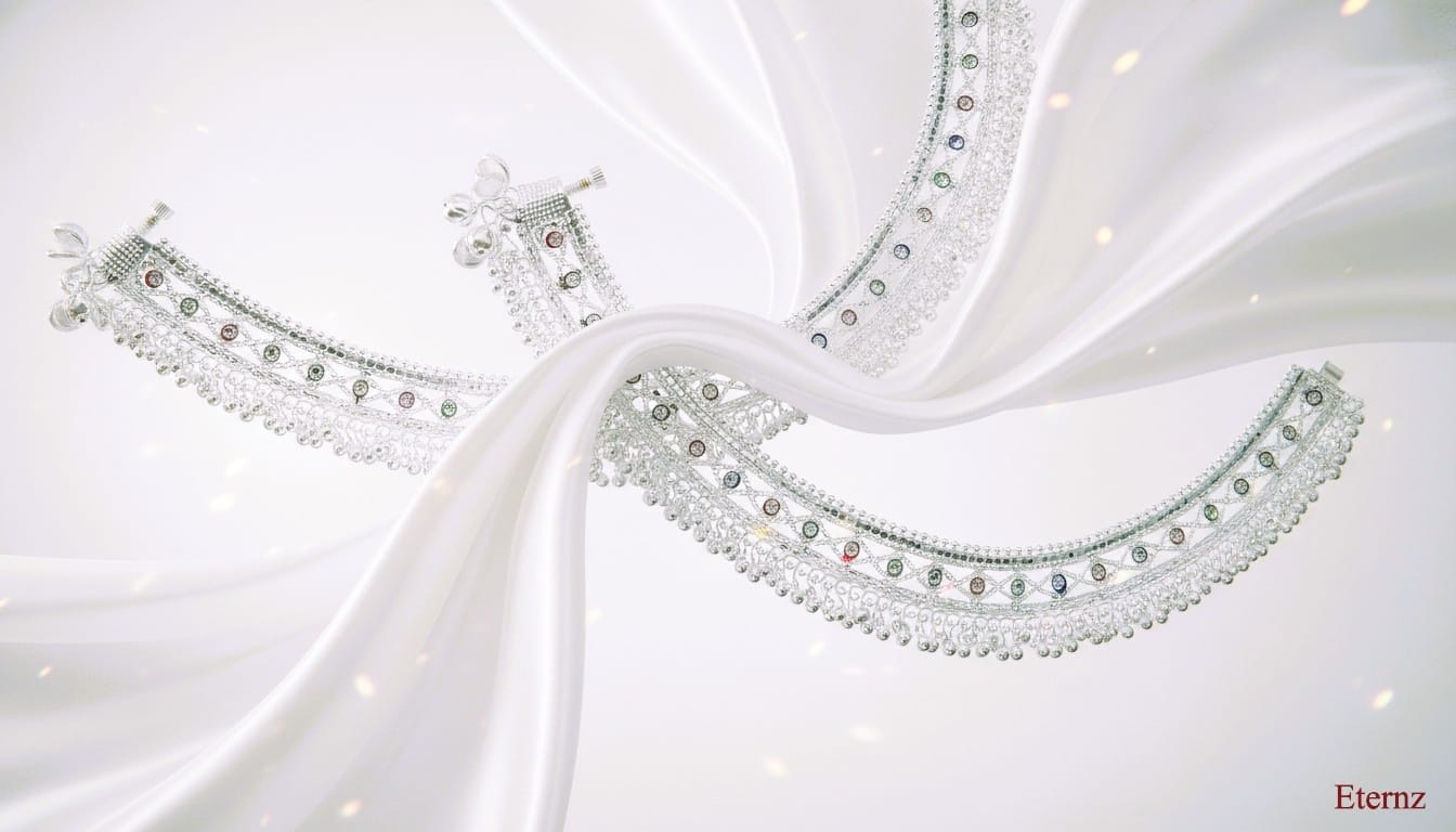 Traditional heavy silver anklet with bells displayed on beige pedestal, symbolizing fading daily jewelry traditions among modern Indian women.