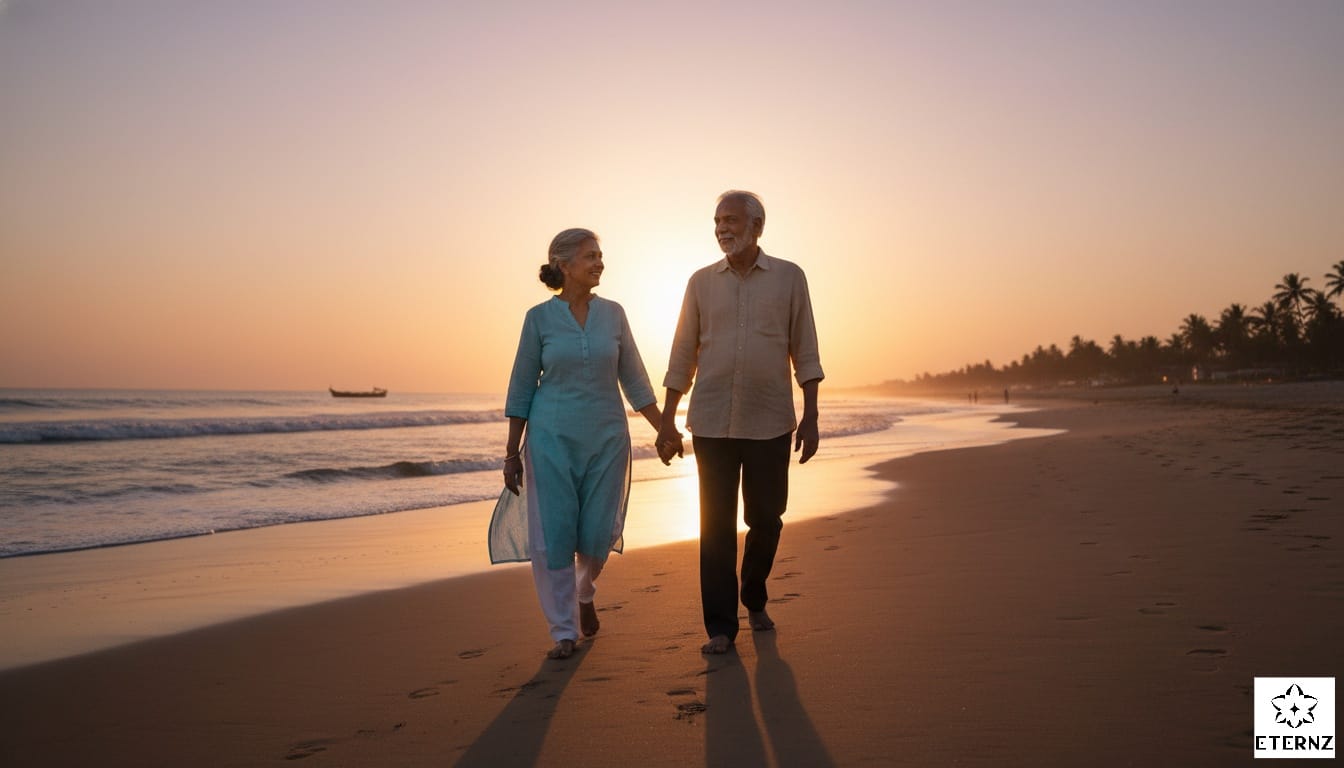 Elderly couple holding hands at an Indian beach sunset, illustrating enduring love for Valentine's Day 2026 messages.